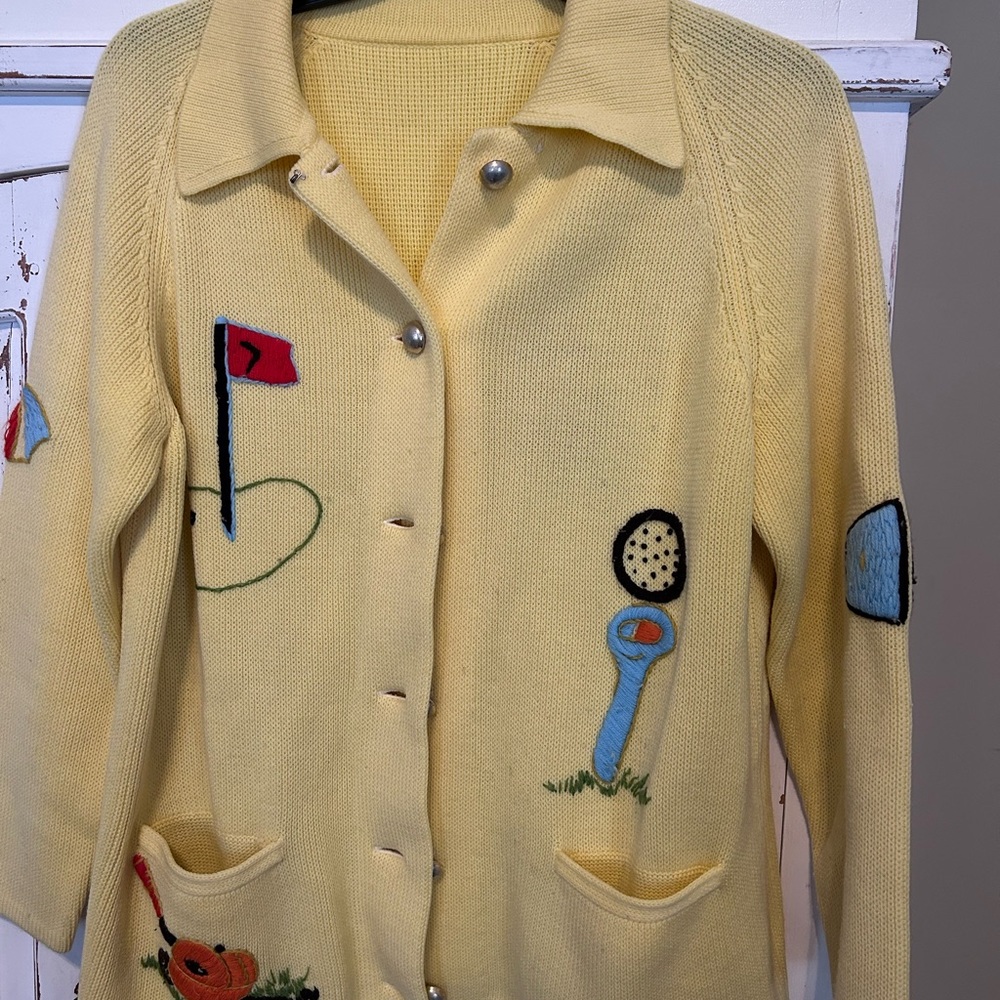 Yellow Golf-Themed Cardigan Sweater